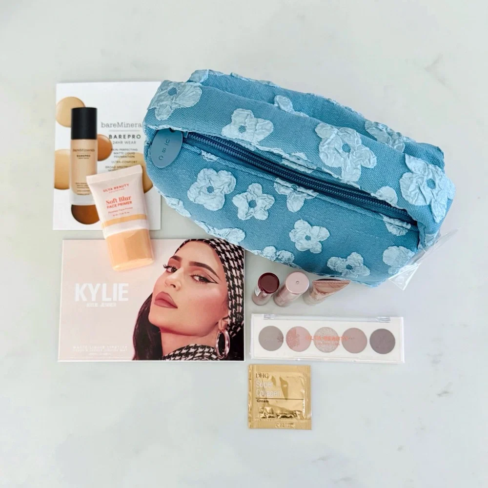 Ulta Beauty Denim Floral Stuffed Cosmetic & Make-Up Bag BUNDLE, Travel Samples